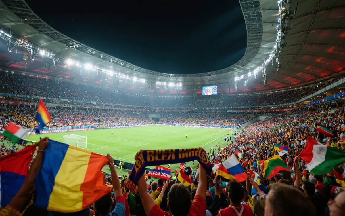 球场内座无虚席，球迷身穿各国球衣挥舞旗帜，灯光下气氛热烈