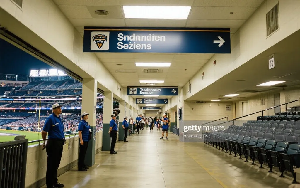 球场看台内的通道指引与分区标识，观众在工作人员引导下入座